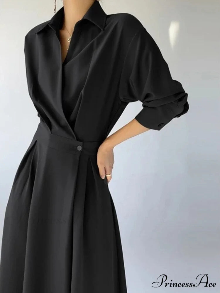 Elegant Casual A-Line Long Sleeve Slim Waist Black Vestidos Dress