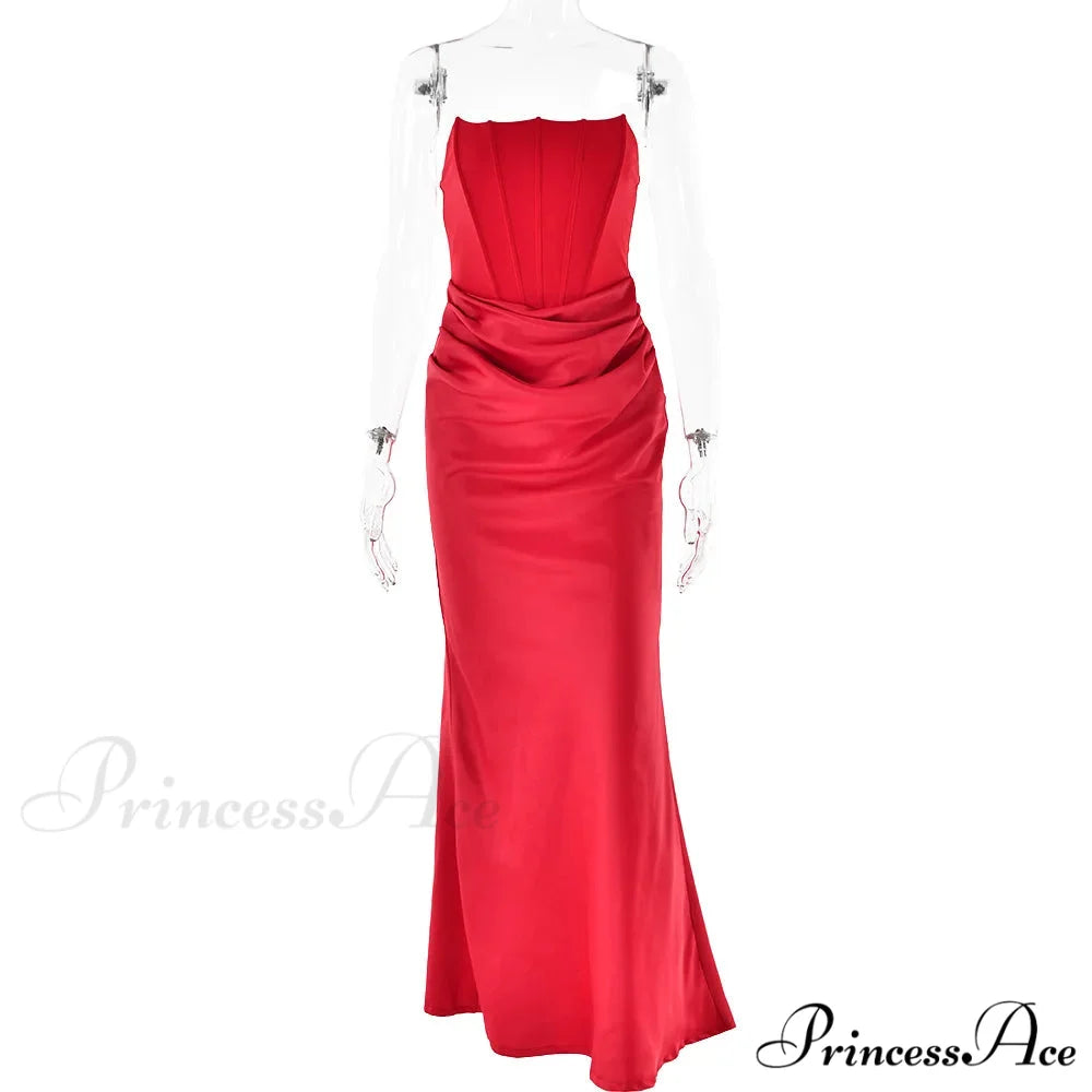 Elegant Corset Strap Neck Backless Maxi Red Christmas Party Dress