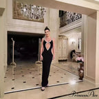 Elegant Ebony Sleeveless Crystal Halter Gown Prom Dress