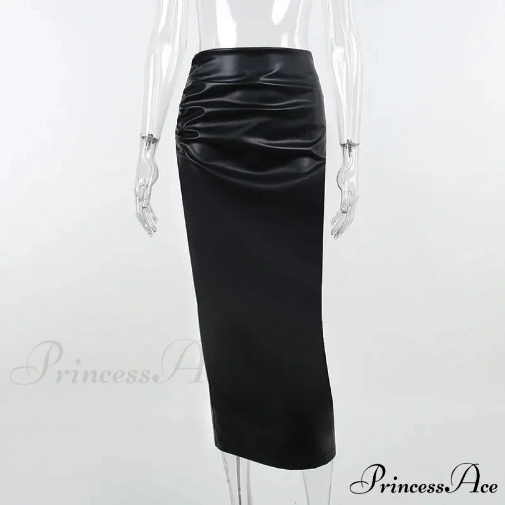 Elegant Fashion Ruched Slim High Waist PU Leather Black Trendy Midi Skirt