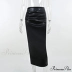 Elegant Fashion Ruched Slim High Waist PU Leather Black Trendy Midi Skirt