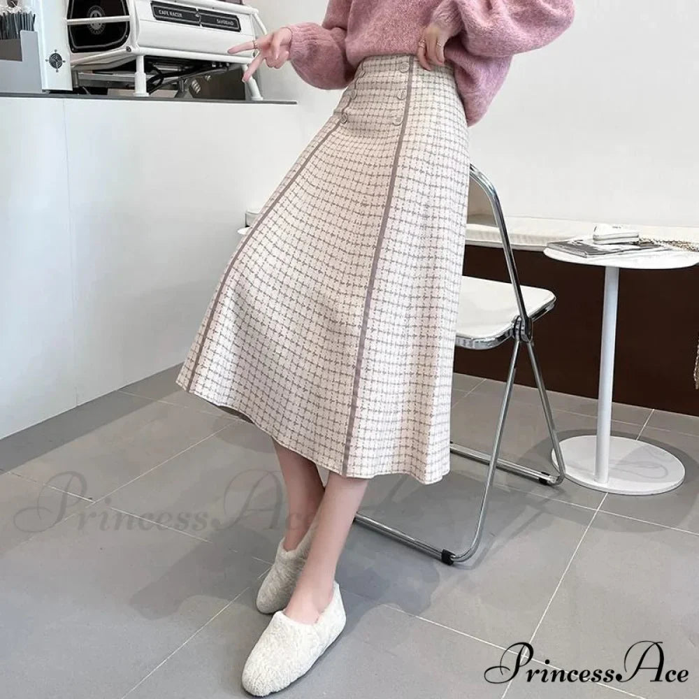 Elegant Fashionable Plaid High-Waisted New Trendy Autumn Winter A-line Swing Skirt