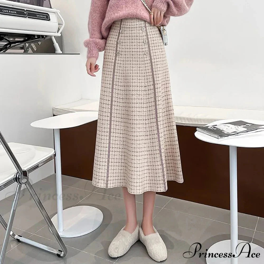 Elegant Fashionable Plaid High-Waisted New Trendy Autumn Winter A-line Swing Skirt