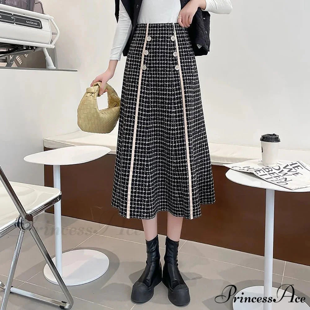 Elegant Fashionable Plaid High-Waisted New Trendy Autumn Winter A-line Swing Skirt
