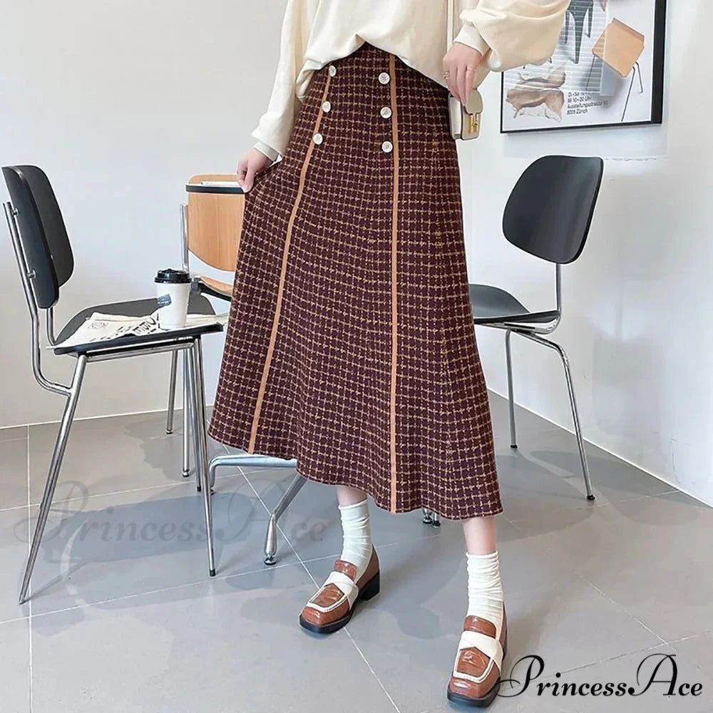 Elegant Fashionable Plaid High-Waisted New Trendy Autumn Winter A-line Swing Skirt