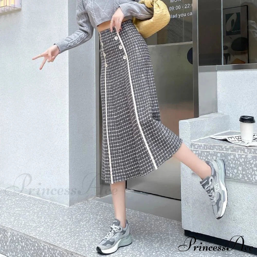 Elegant Fashionable Plaid High-Waisted New Trendy Autumn Winter A-line Swing Skirt