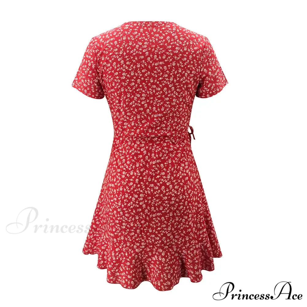 Elegant Floral Ruffles V-neck Bandage Chic Flowers Mini Dress