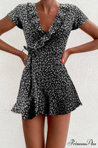 Elegant Floral Ruffles V-neck Bandage Chic Flowers Mini Dress