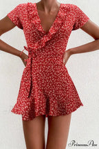 Elegant Floral Ruffles V-neck Bandage Chic Flowers Mini Dress