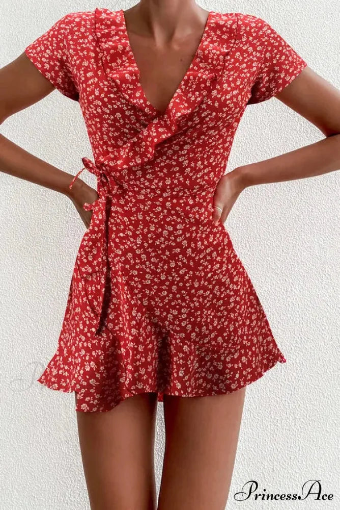 Elegant Floral Ruffles V-neck Bandage Chic Flowers Mini Dress