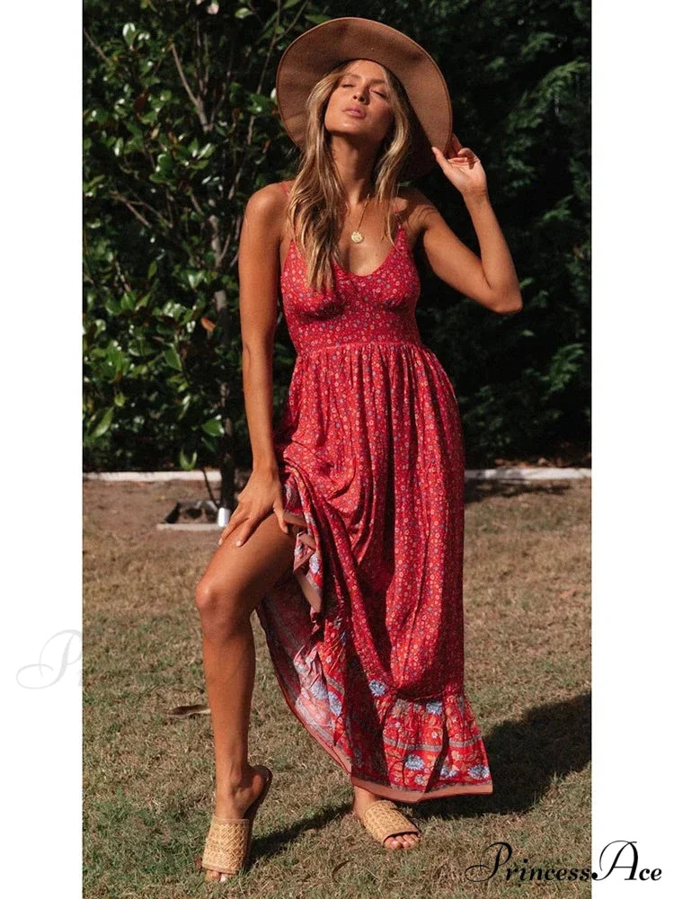 Elegant Floral V-Neck Sleeveless Boho Dress
