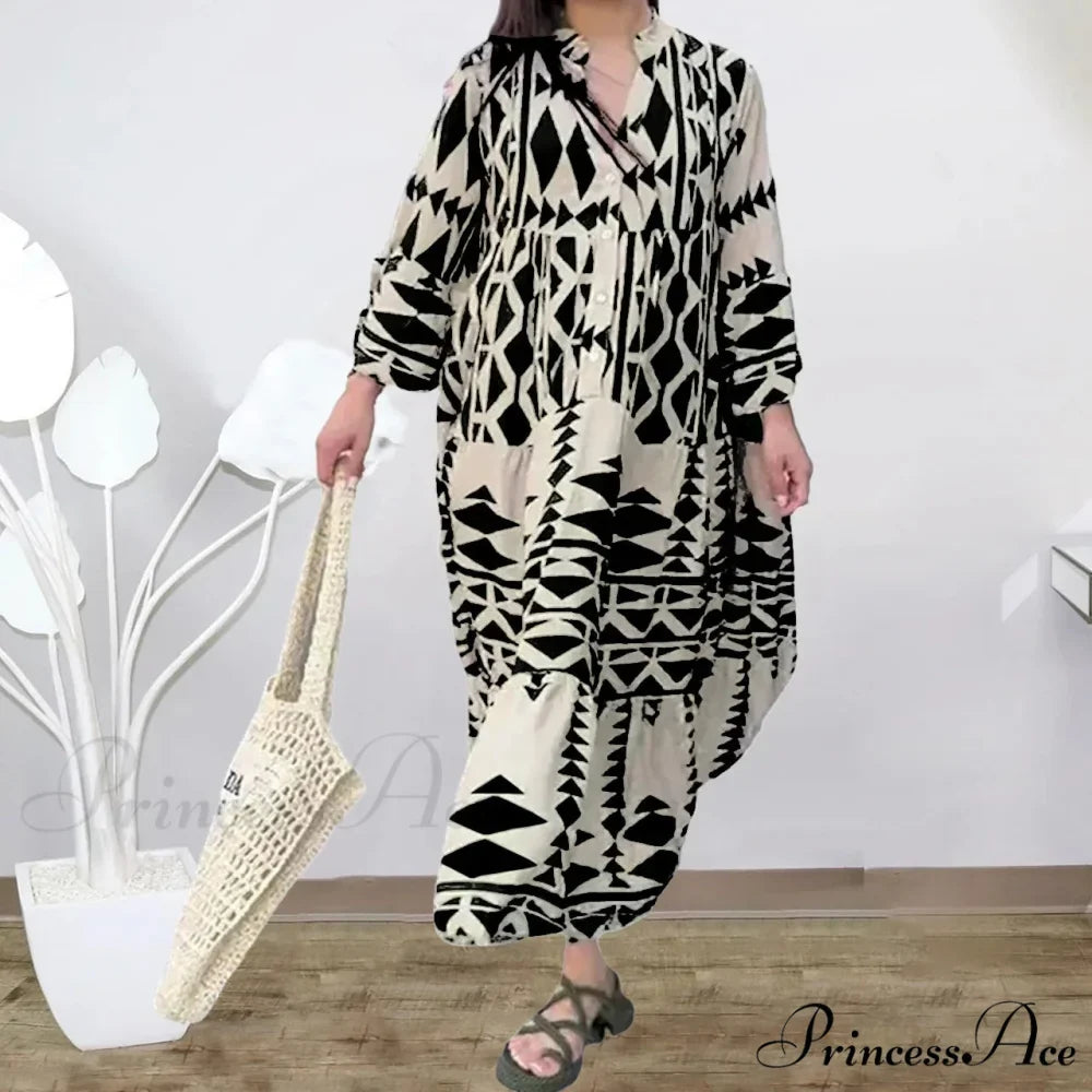 Elegant Geometric V-Neck Autumn Boho Dress