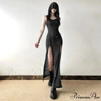 Elegant Gothic Sexy Slash Neck Long Sleeve Off Shoulder Summer French Chic Split Slim Stretch Ruffles Dress