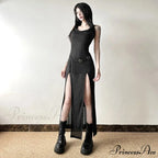 Elegant Gothic Sexy Slash Neck Long Sleeve Off Shoulder Summer French Chic Split Slim Stretch Ruffles Dress