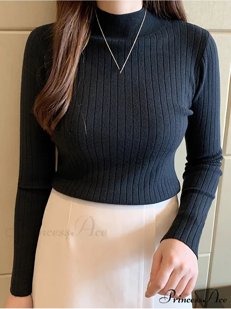 Elegant High-necked Solid Cashmere Jumper Stylish Knit Top