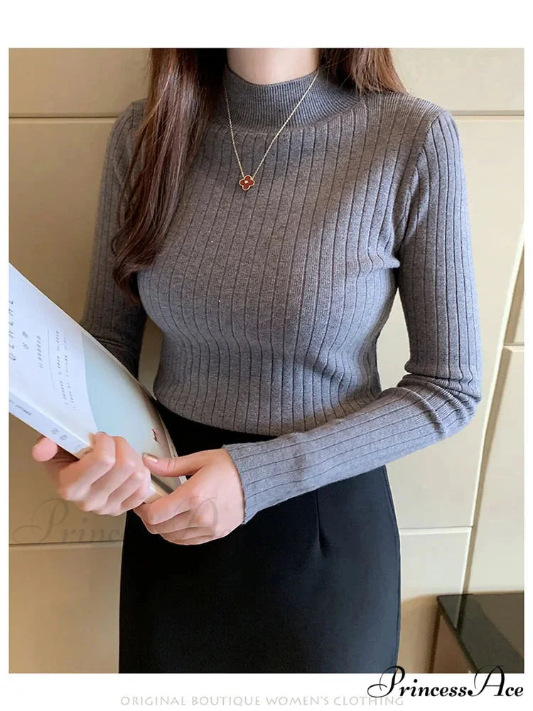 Elegant High-necked Solid Cashmere Jumper Stylish Knit Top