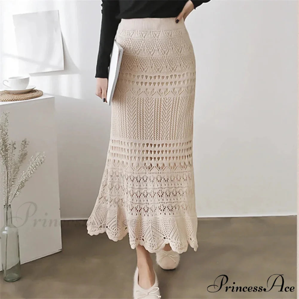 Elegant High Waist Korean Lace Crochet Sheath Wrap Trendy Feminine Skirt