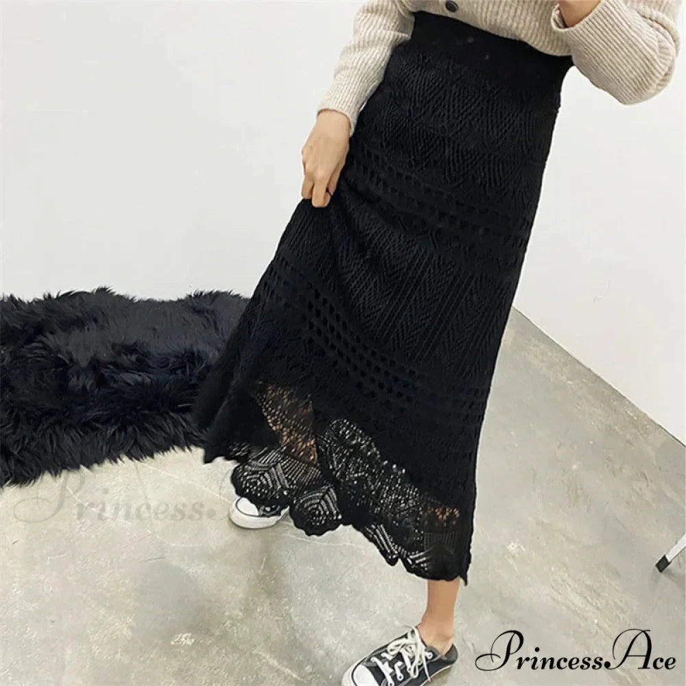 Elegant High Waist Korean Lace Crochet Sheath Wrap Trendy Feminine Skirt