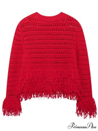 Elegant Hollow Out Sexy Long Sleeve O-Neck Red Christmas Sweater