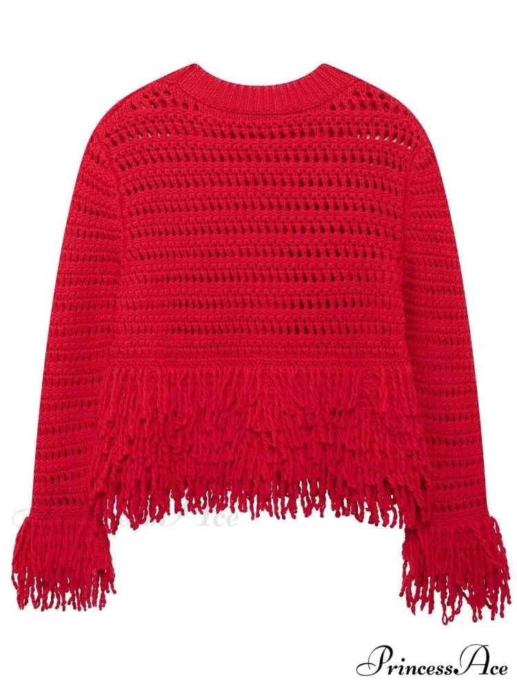 Elegant Hollow Out Sexy Long Sleeve O-Neck Red Christmas Sweater