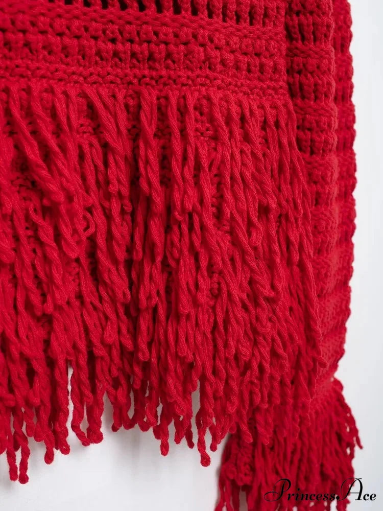 Elegant Hollow Out Sexy Long Sleeve O-Neck Red Christmas Sweater