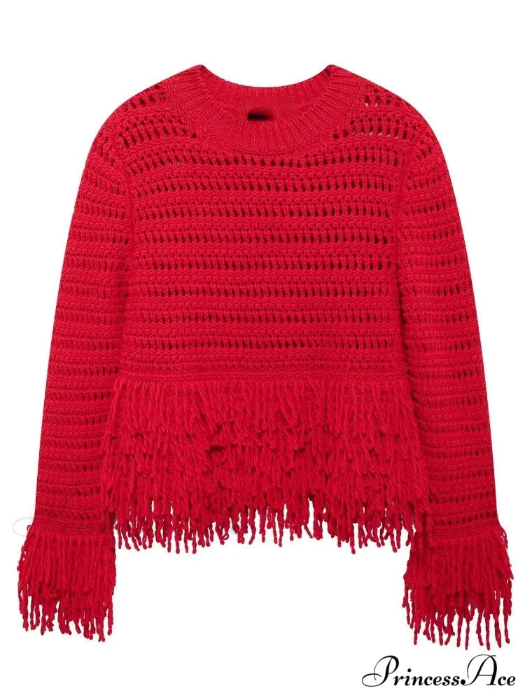 Elegant Hollow Out Sexy Long Sleeve O-Neck Red Christmas Sweater