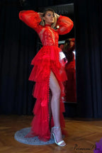 Elegant Lace Hollow Out A-Line Full Sleeve Red Christmas Party Dress