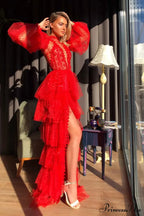 Elegant Lace Hollow Out A-Line Full Sleeve Red Christmas Party Dress