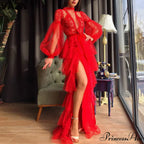 Elegant Lace Hollow Out A-Line Full Sleeve Red Christmas Party Dress