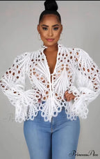 Elegant Lace See Though Ruffles Lantern Blouse
