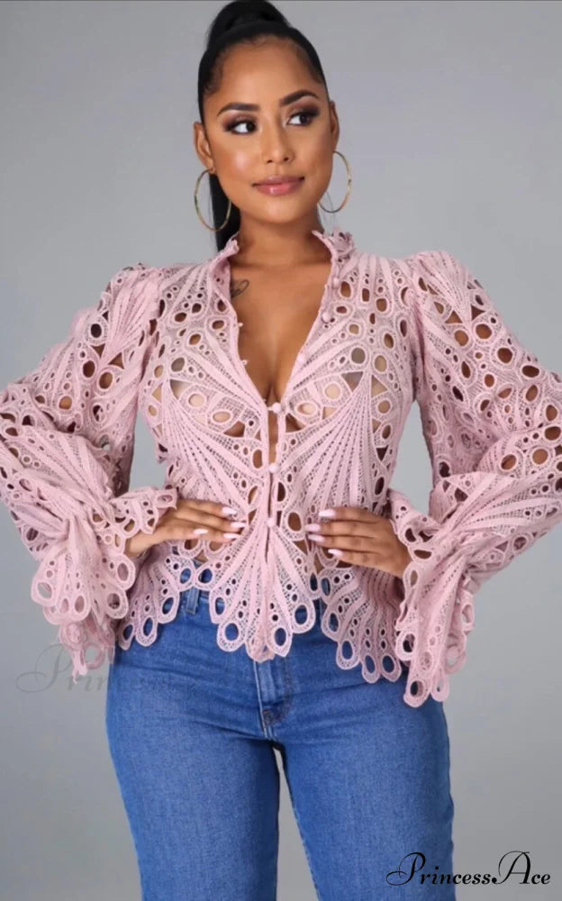 Elegant Lace See Though Ruffles Lantern Blouse