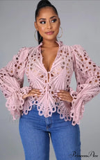 Elegant Lace See Though Ruffles Lantern Blouse