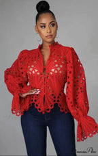 Elegant Lace See Though Ruffles Lantern Blouse