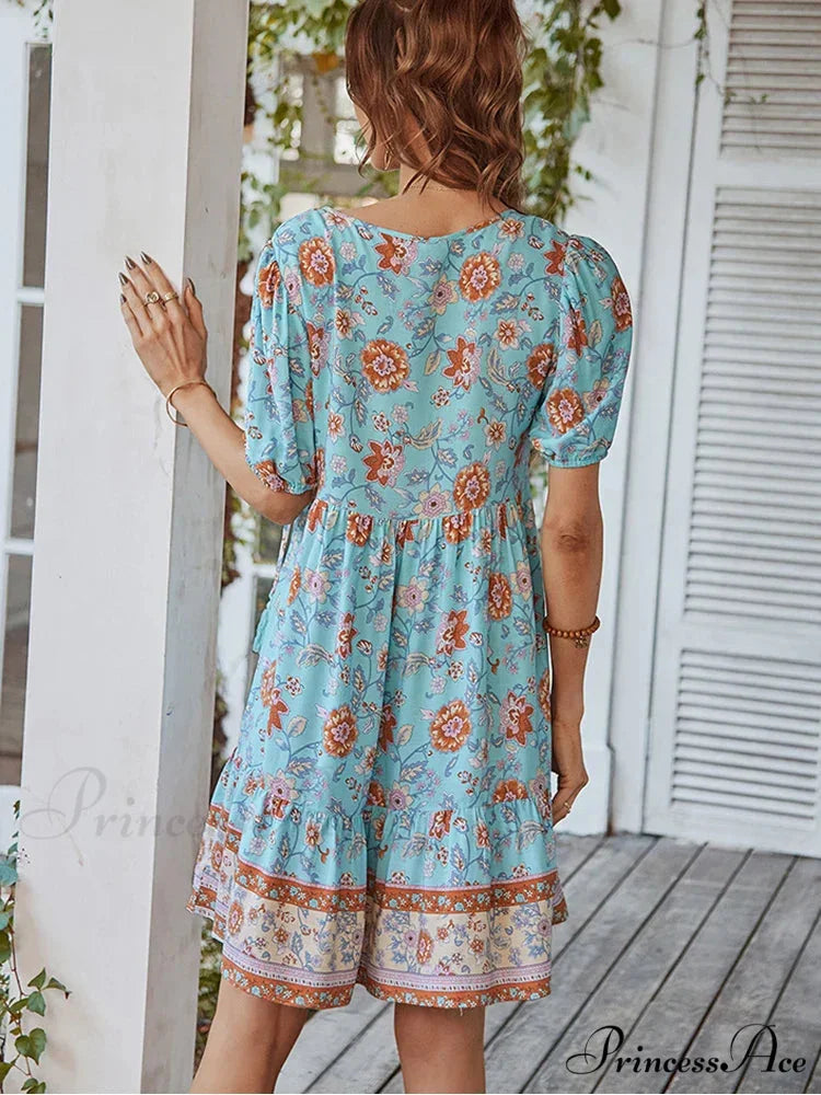 Elegant Lace-up Green Sundress Women Boho Dress