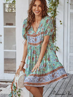 Elegant Lace-up Green Sundress Women Boho Dress