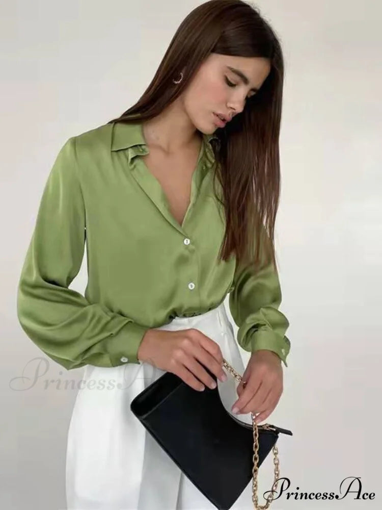 Elegant Long Sleeve Green Silk Blouse