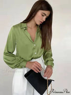 Elegant Long Sleeve Green Silk Blouse