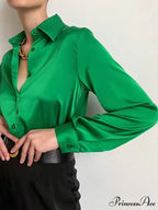 Elegant Long Sleeve Green Silk Blouse