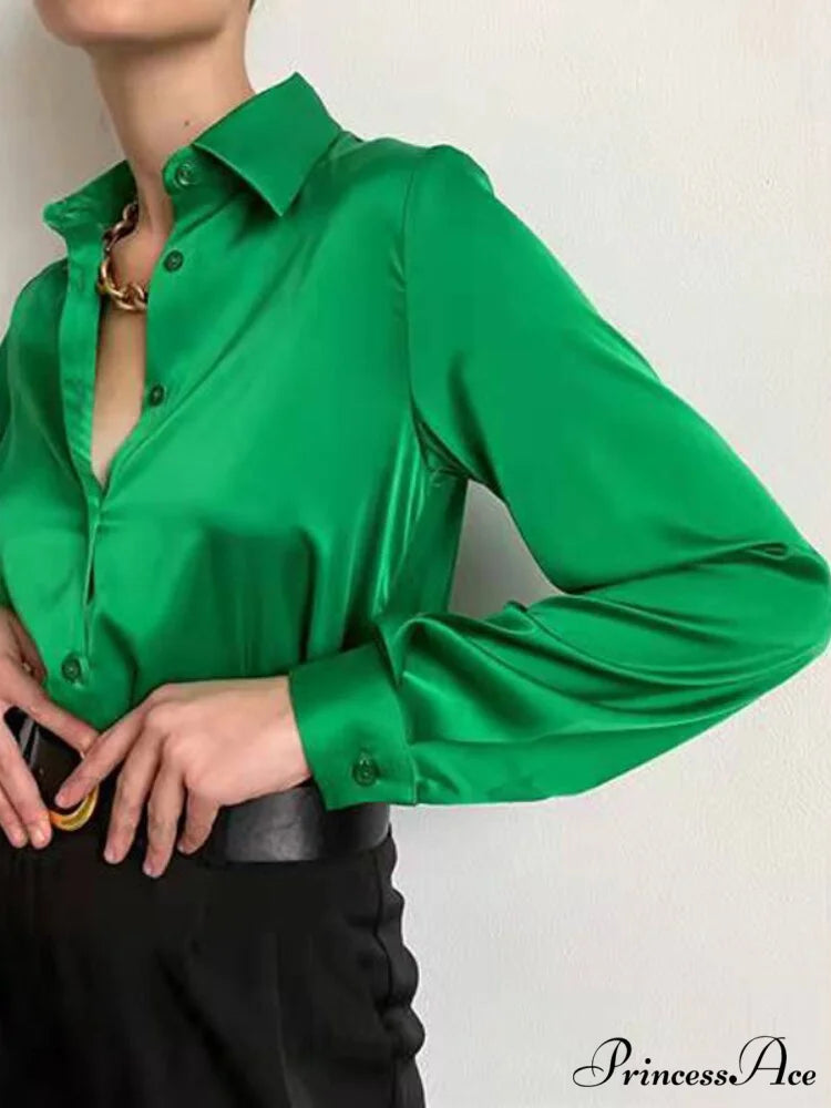 Elegant Long Sleeve Green Silk Blouse