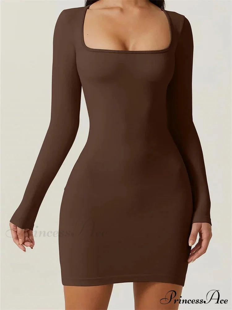 Elegant Long Sleeve Pencil Square Neck Low Mini Dress