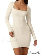 Elegant Long Sleeve Pencil Square Neck Low Mini Dress