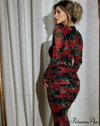 Elegant Long Sleeve Silk Flower Lace Up Red Christmas Party Dress