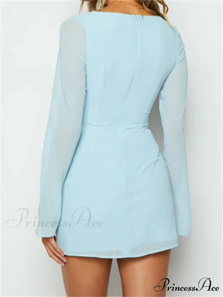 Elegant Long Sleeve Solid Casual Deep V Neck Mini Dress