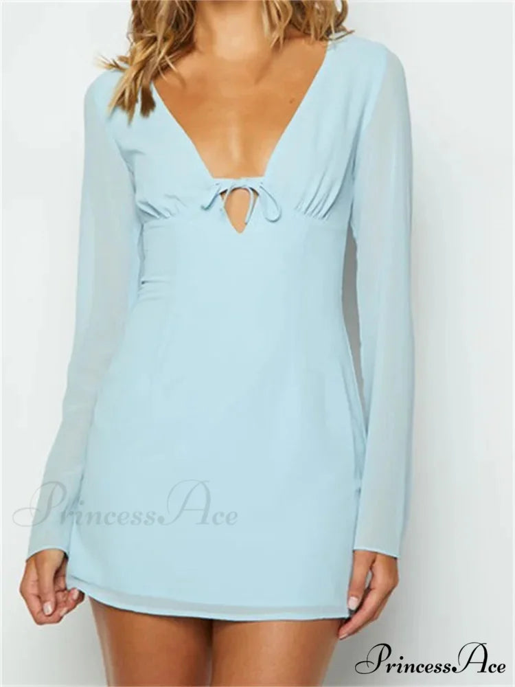Elegant Long Sleeve Solid Casual Deep V Neck Mini Dress