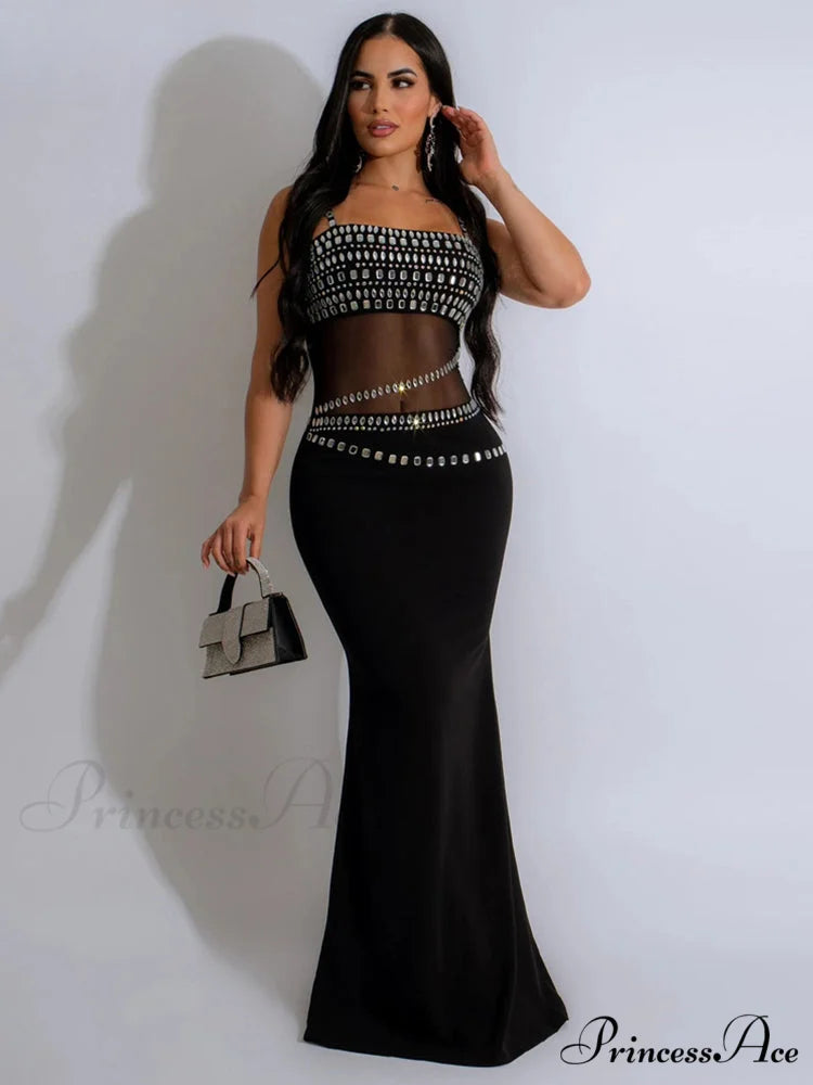 Elegant Mesh See Through Rhinestones Strap Sleeveless Red Christmas Party Dress