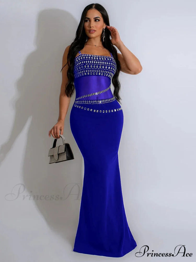 Elegant Mesh See Through Rhinestones Strap Sleeveless Red Christmas Party Dress