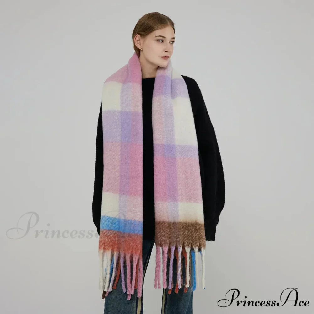 Elegant Minimalist Plaid Long Shawl Thickened Warm Scarf for Women