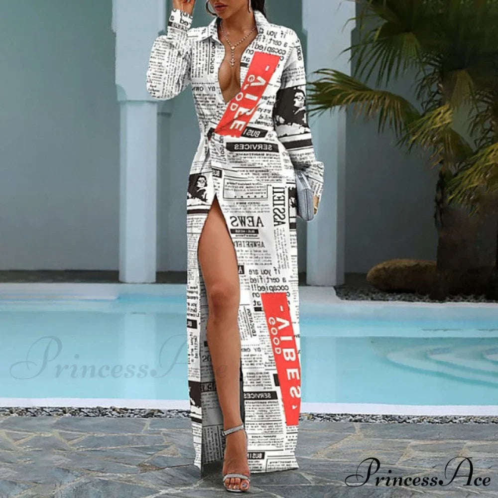 Elegant Newspaper Printed Shirt Dress