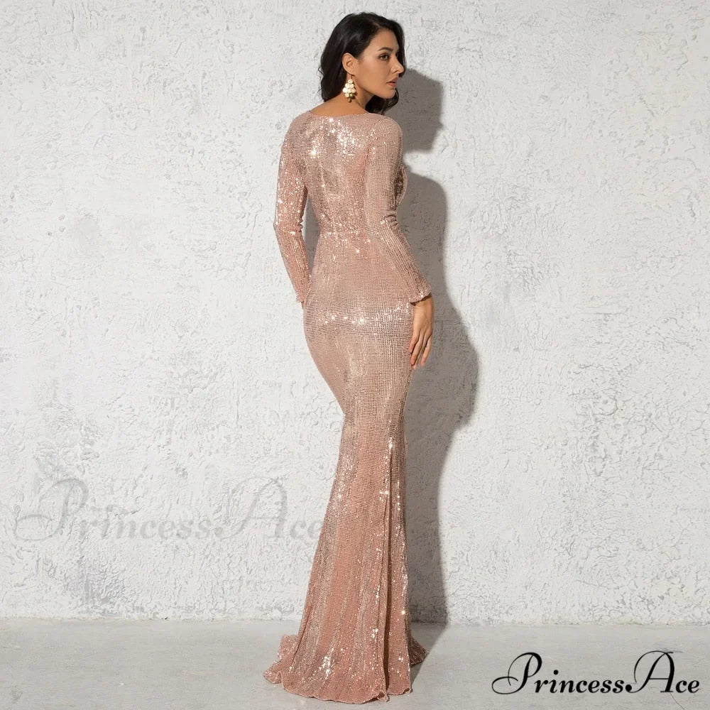Elegant O Neck Long Sleeve Sequin Maxi Dress