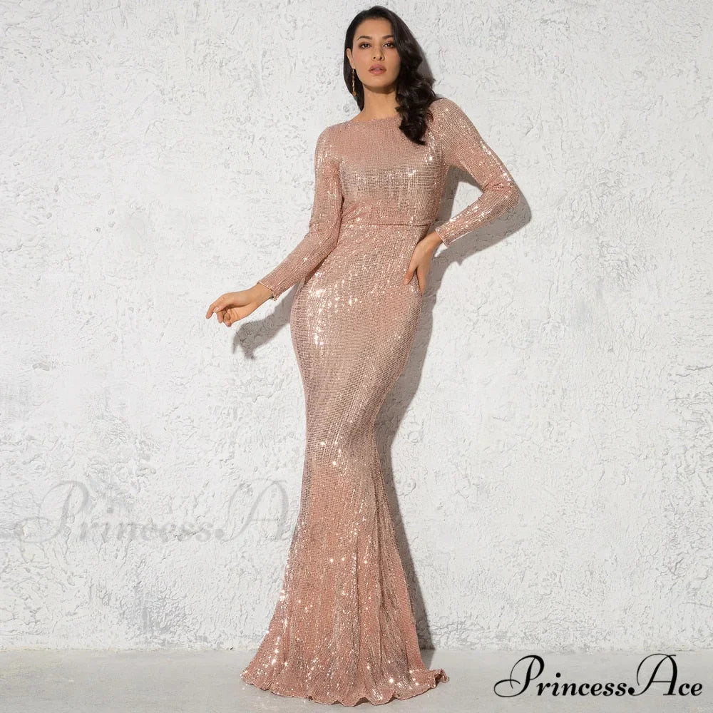 Elegant O Neck Long Sleeve Sequin Maxi Dress